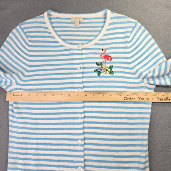 Talbots Sweater Womens M P Cardigan Blue Stripe Flamingo Embroidered Nautical - Picture 9 of 12
